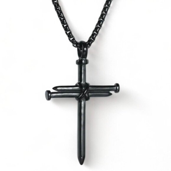 NEW - 3 NAILS CROSS PENDANT ZINC ALLOY NECKLACE - BLACK 24 INCH - Picture 3 of 3